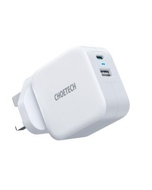 Choetech - 38W Dual Type C Power Delivery & USB 3-Pin UK Charging Plug - White