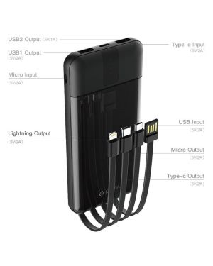 10,000mAh Powerbank & USB, Lightning, MicroUSB & Type C Cable - Black